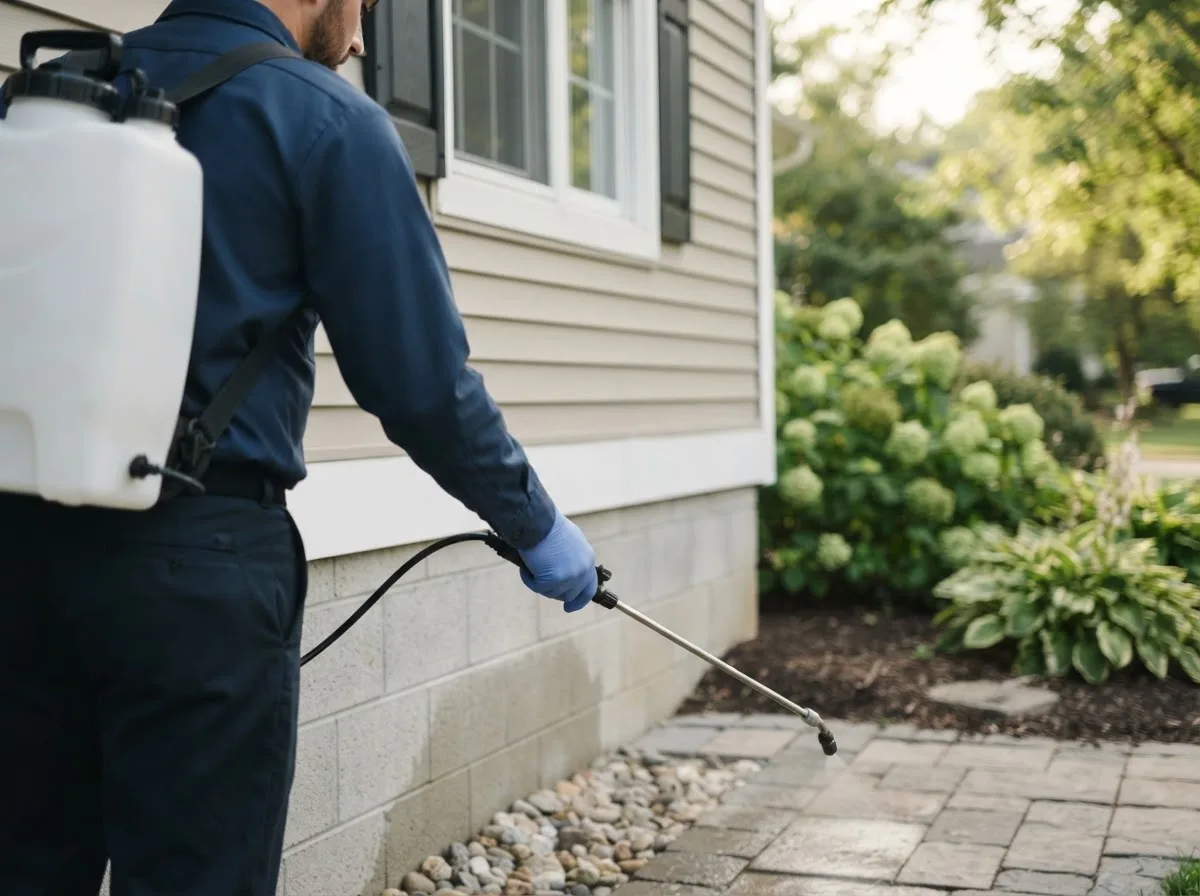 Pest control technician inspecting a home in Westphalia, MI